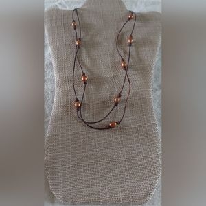 Brand New Handmade Brown Peacock 12 Pearl & Brown Leather Necklace